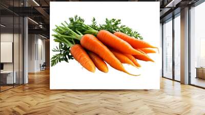 A pile of fresh carrots with stems, realistic digital art, vibrant orange, isolated on white background.  Wall mural