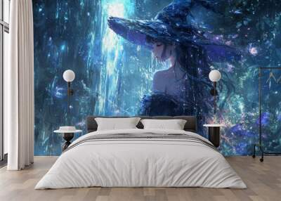 Anime-style sorceress, mystical waterfall, magical spells, ethereal beauty, enchanting powers Wall mural