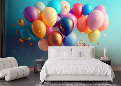 birthday party balloons with confetti and cake on light blue background. Wall mural