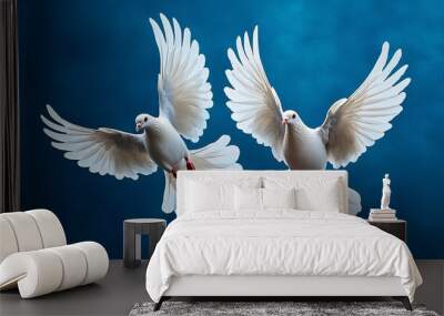 Two doves flying together in a watercolor sky, symbol of peace and love Wall mural