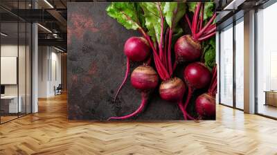 Watercolor beets with deep red hues and leafy green tops, lying on a rustic table. Wall mural