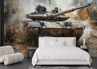 Watercolor tank crossing a muddy field, with dynamic motion and detailed textures. Wall mural