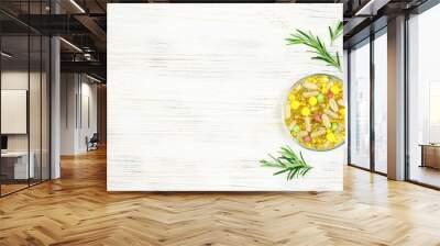 Variety of vitamins, dietary supplements and herbal pills on white wooden background Wall mural