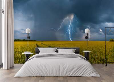 Big wheat field and thunderstorm Wall mural