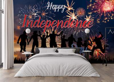 Holiday night sky with fireworks and flag of America Wall mural