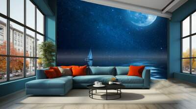 Lonely yacht in ocean with Moon and Stars Wall mural