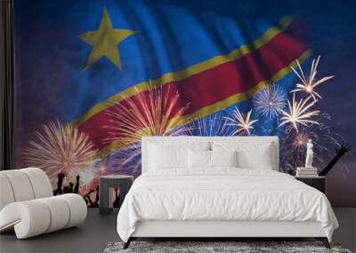 People are looking on fireworks and flag of Democratic Republic Congo Wall mural