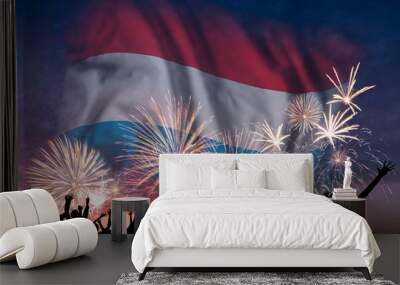 People are looking on fireworks and flag of Luxembourg Wall mural