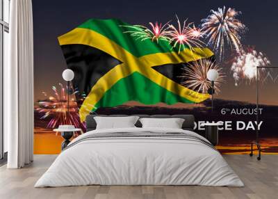 Sky with majestic fireworks and flag of Jamaica Wall mural