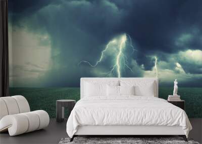 Spring green field and thunderstorm Wall mural