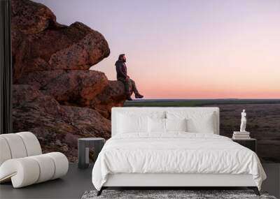 Traveler Stand on a Mountain Top Wall mural