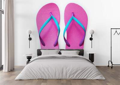 Pink flip flops isolated on white background. Top view Wall mural