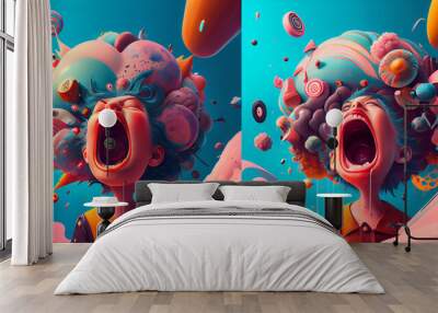 Cartoon spring character design, angry screaming girl, sweets composition, candy, magic world illustration, collection Wall mural