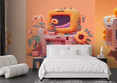 Collection of illustration with isolated cartoon tv and flowers on pink background. Wall mural