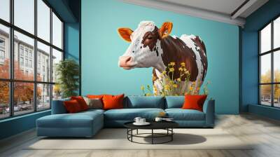 isolated composition of cow with spring flowers.  Wall mural