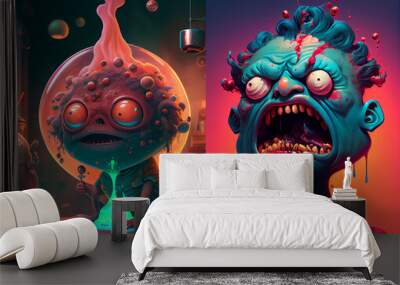 Monster sci-fi illustration, colorful art, head, halloween monster with a skull, cyberpunk, cartoon character design, collection
 Wall mural