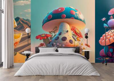 Surreal abstract composition, illustration of alien mushrooms and flowers Wall mural