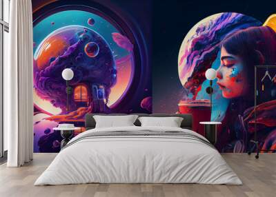 Surrealistic abstract illustration. 3D render. Colorful. Colorful background. Soft forms. Ai art, space composition, collection, person in the window, girl Wall mural