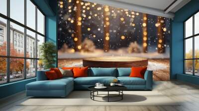 empty wooden podium with bokeh lights and Christmas snow background, copy space area. generative ai Wall mural