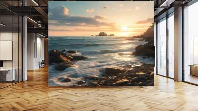 landscape of sea water splashing on rocky beach with beautiful sunset sky background with clouds. sea ​​waves crashing against the rocks. generatif ai Wall mural