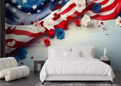 memorial day background with american flag and flowers. copy space design for posters, banners, social media. ai generative Wall mural