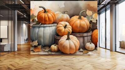 pumpkin watercolor background, free copyspace area. autumn concept. generative ai Wall mural