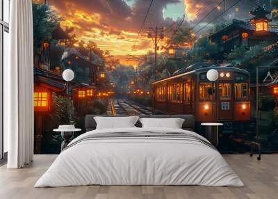 Train Track Through City Illustration Wall mural