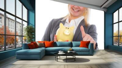 smiling young business woman with piggy bank and thumb up Wall mural