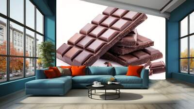 Broken Black Chocolate with Pieces Isolated on White Background Wall mural