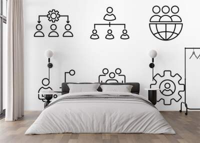 icon set of human resource organization management with gear setting icon set teamwork structure hierarchy leadership diagram employee network symbol illustration Wall mural