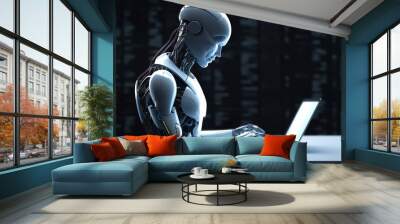 AI android robot writing text on laptop.  Wall mural