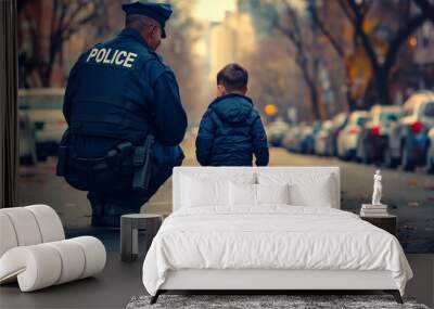 Back view of friendly male police officer interacting with small toddler child in street Wall mural