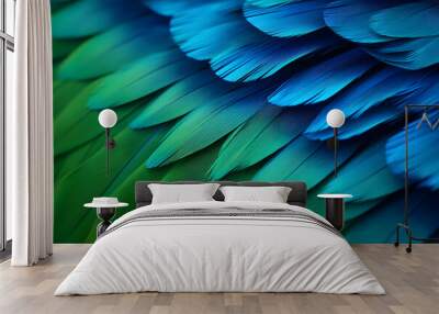 Close up of colorful blue and green feathers of exotic parrot bird Wall mural