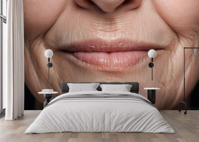 Close up of elderly woman's nasolabial folds and wrinkles around mouth Wall mural