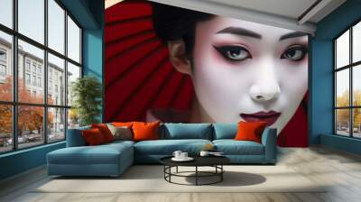 Close up of face of Asian woman with Japanese Geisha style white face makeup and hairstyle Wall mural