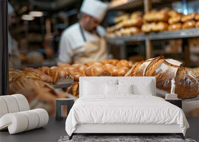 Close up of fresh loaves of bread in industrial bakery with baker in kitchen Wall mural