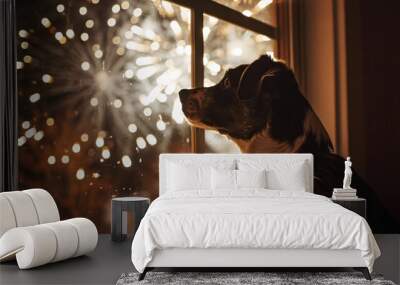 Dog looking out of window at fireworks in night sky Wall mural