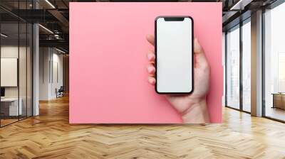 Female hand holding mobile phone with white empty screen in front of pink background with copy space. Wall mural