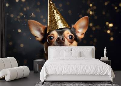 Happy dog wearing New Year's Eve party celebration hat in front of dark background with golden confetti Wall mural