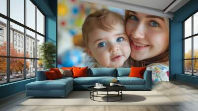 Happy very young mother with baby child Wall mural