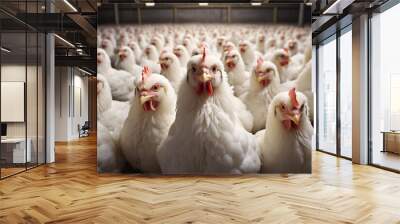 Many white chickens cooped up in stable in intensive animal farming Wall mural