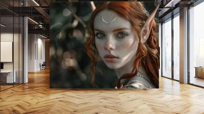 Portrait of beautiful young elf woman with elven ears and red hair Wall mural