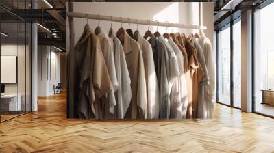 Rack with earth colored clothing made from natural material. Generative AI illustration Wall mural