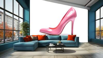 Side view of single elegant shiny pink high heel woman shoe on white background Wall mural