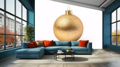 Single golden glittering Christmas bauble ornament on white  background Wall mural