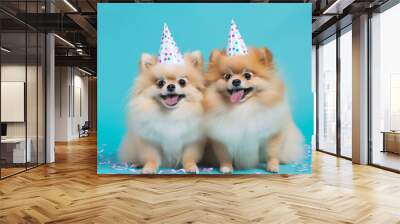 Two Pomeranian dogs with party hats on blue background with confetti. Generative AI illustration Wall mural