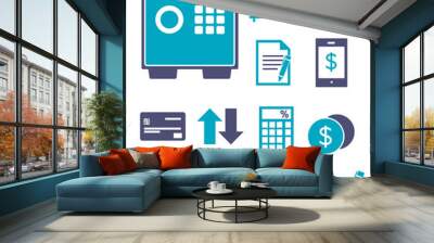 Vector icons set for creating infographics about finances, shopping and saving, including money safe, coins, calculator, credit card, contract and handshake Wall mural