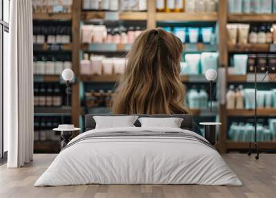 Young woman standing in front of shelves with cosmetic and makeup products in store Wall mural