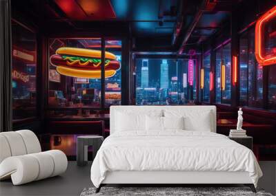 A neon sign for a hot dog restaurant is lit up in a dimly lit room Wall mural