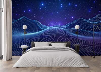 3D Wave Landscape with Dots and Binary Code, Digital Processing and Virtual Reality. Technology background with dots and waves neural networks, AI, data transmission and encryption, Wall mural